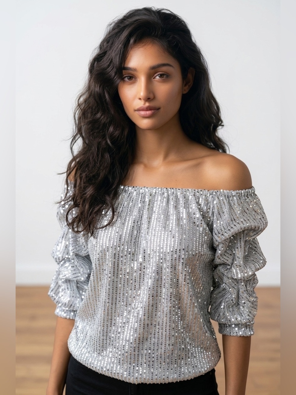 MSK Silver Off-Shoulder Sequin Tunic Top